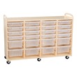 Four-Section Wooden Mobile Storage Unit - Assembled w/ 16 Clear Letter Bins & 8 Clear Medium Bins (Horizontally)