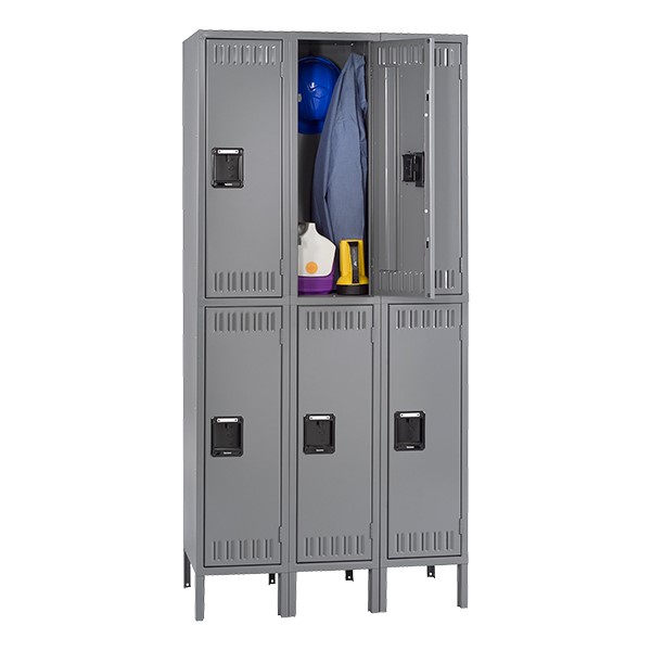 Three-Wide Double-Tier School Locker w/ Legs - Shown in medium gray