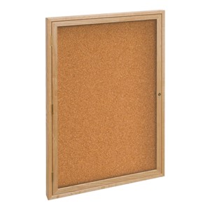 Enclosed Bulletin Board w/ One Door & Solid Oak Frame - Indoor Use
