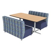 Soft seating bench with teal upholstered cushions, a patterned backrest, and caster wheels.