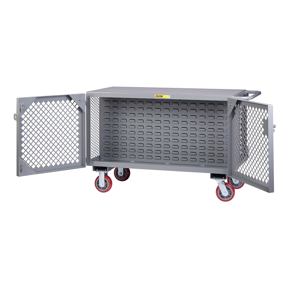 Tall wood instrument storage locker with ventilated compartments.
