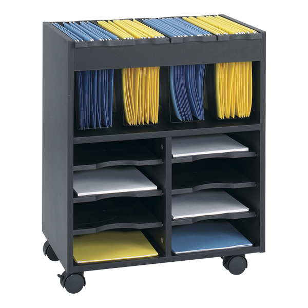 Sheet music storage cabinet with multiple compartments for organizing music folders and classroom materials.